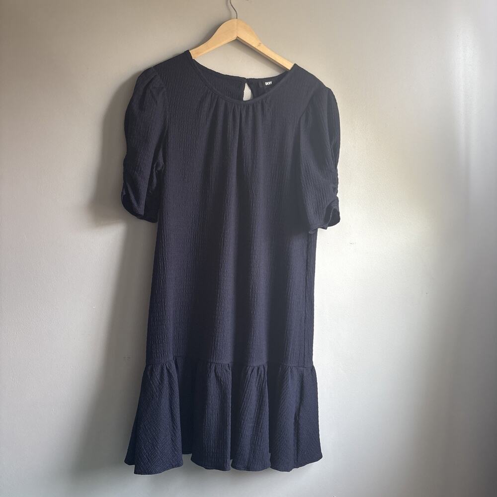 DKNY Blue Navy Short Puff Sleeve Trapeze Dress Size 10 Crinkle Fabric